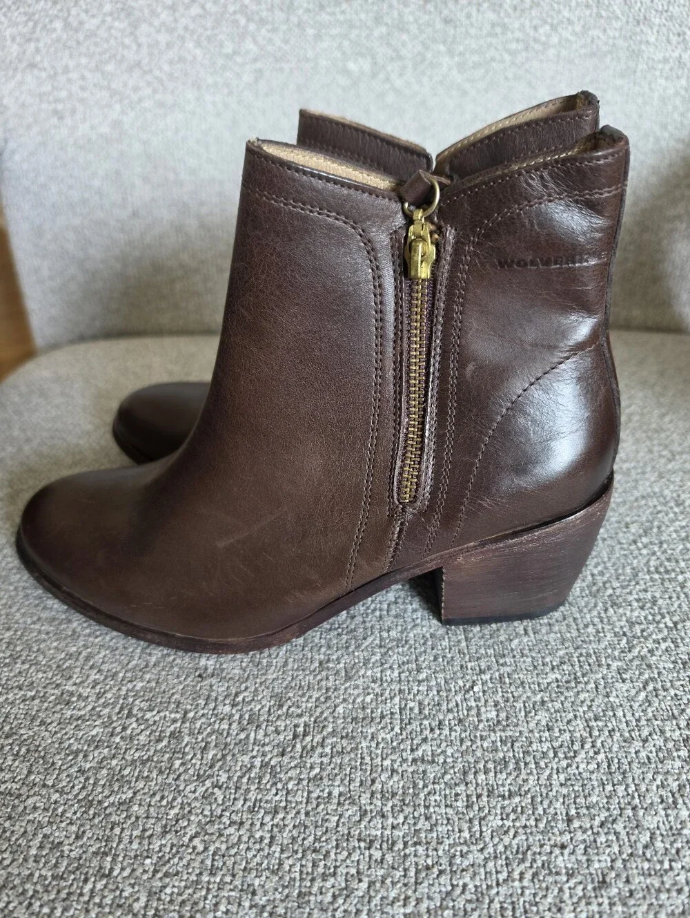 Wolverine Ella Leather Zip Ankle Heeled Booties Brown Sz 9.5